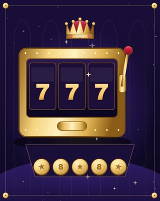 Kabinet slot tiga drum menampilkan angka 777 dengan baki koin di bawahnya