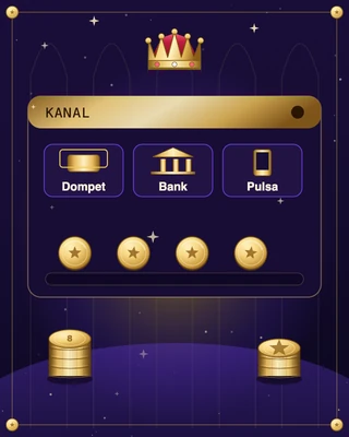 Panel kanal bayar dengan chip Dompet, Bank, dan Pulsa serta koin emas