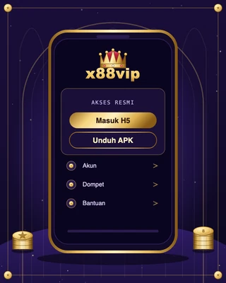 Ponsel menampilkan antarmuka H5 x88vip dengan tombol Masuk H5 dan Unduh APK